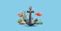 3d render illustration of underwater coral reef with fish and black sailing anchor, render cartoon diving or snorkeling