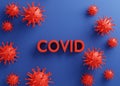 3d render illustration. Volumetric red inscriptione COVID and 3d model virus on a blue background . Concept, template design Royalty Free Stock Photo