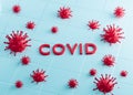 3d render illustration. Volumetric red inscriptione COVID and 3d model virus  . Concept, template design layout for combating the Royalty Free Stock Photo