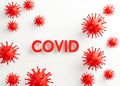 3d render illustration. Volumetric red inscriptione COVID and 3d model virus on a white background . Concept, template design Royalty Free Stock Photo