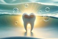 3d illustration render of a white tooth floating in a bubble-filled water, with a radiant sunlight shining through the water, Royalty Free Stock Photo