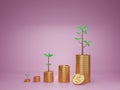 3D render image of coin stacks with trees, concept of saving or investment