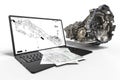 3D render image of a computer and automotive parts representing auto repair Royalty Free Stock Photo
