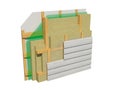 3d render image of insulated frame house wall.