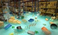 Interior of a flooded warehouse with goods floating in water