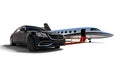 3D render image of a limousine and a private jet Royalty Free Stock Photo