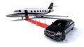 3D render image of a limousine and a private jet