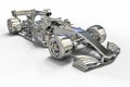 Computer aided design with 3D software. 3D render image of a race car made of metal or chrome