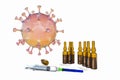 3D render image representing corona virus cells with vaccine