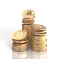 3d render image of stacks of bitcoin gold coins on a white background