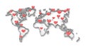 3D render image of world map with heart symbols Royalty Free Stock Photo