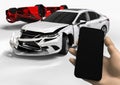 3D render image of a wrecked car and a hand with a phone