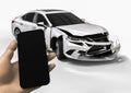 3D render image of a wrecked car and a hand with a phone Royalty Free Stock Photo