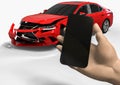 3D render image of a wrecked car and a hand with a phone Royalty Free Stock Photo