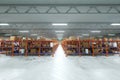 3D render Industrial racks, pallets, boxes, shelves with goods in huge storage rooms. Warehouse equipment, automotive warehouse,