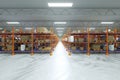 3D render Industrial racks, pallets, boxes, shelves with goods in huge storage rooms. Warehouse equipment, automotive warehouse,