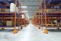 3D render Industrial racks, pallets, boxes, shelves with goods in huge storage rooms. Warehouse equipment, automotive warehouse,