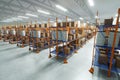 3D render Industrial racks, pallets, boxes, shelves with goods in huge storage rooms. Warehouse equipment, automotive warehouse,