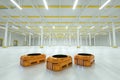 3D render Industrial robots for sorting and transferring in an empty warehouse, factory light room. Copy space