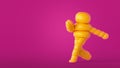 3d render, inflatable cartoon character walking or dancing active pose. Funny mascot isolated on pink background, wearing