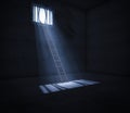 3d render inside of a prison cell with ladder leading to a window