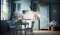 3d render of interior of modern kitchen with blue furniture. 3d illustration.