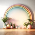 3d render of an interior with pastel color rainbow wall and decorative plant elements, Mockup, generative ai Royalty Free Stock Photo