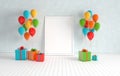 3d render interior with realistic colorful balloons, gift box with ribbon mock up poster in the room. Empty space for party, Royalty Free Stock Photo