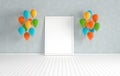 3d render interior with realistic colorful balloons, mock up poster in the room. Empty space for party, promotion social media Royalty Free Stock Photo