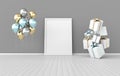 3d render interior with realistic colorful gift boxes with ribbon bows, mock up poster frame, balloons in the room. Empty space Royalty Free Stock Photo