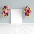 3d render interior with realistic gold, red and pink balloons, mock up poster in the room. Empty space for party, promotion social Royalty Free Stock Photo