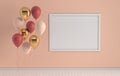 3d render interior with realistic golden, red and white balloons, mock up poster frame in the room. Empty space for party, Royalty Free Stock Photo