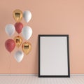 3d render interior with realistic golden, red and white balloons, mock up poster in the room. Empty space for party, promotion Royalty Free Stock Photo