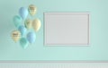 3d render interior with realistic pastel blue, yellow and green balloons, mock up poster in the room. Empty space for party, Royalty Free Stock Photo