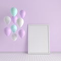 3d render interior with realistic purple, white and green balloons, mock up poster in the room. Empty space for party, promotion Royalty Free Stock Photo