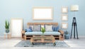 3d render - Interior of a Scandinavian living room with a pallet couch