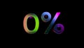 3d render of iridescent zero percent off discount. Holographic 0 digit number and percent on black background