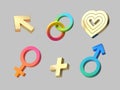 3d render, isolated icons set, love and relationship concept, gender signs, man woman symbols, golden design elements Royalty Free Stock Photo