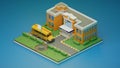 3d render isometric., Scene Creator School and School bus., 3d illustration