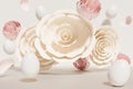 3d render of ivory and pastel pink flying flowers and white Easter eggs scene on a cream background