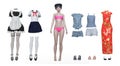 3D render : kawaii Paper doll of the girl with different various outfits