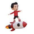 3D kid character standing riding a rocket Royalty Free Stock Photo