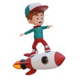 3D kid character standing riding a rocket Royalty Free Stock Photo