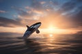 3D render of a killer whale jumping out of the ocean at sunset