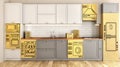 3d render of a kitchen with appliances in the form of cardboard boxes