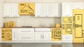 3d render of a kitchen with appliances in the form of cardboard boxes.