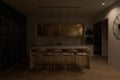 3D render of a kitchen with big cooking island and night lighting Royalty Free Stock Photo