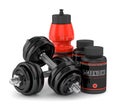 3D render of l-carnitine with dumbbells and water bottle