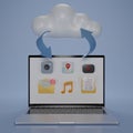 3D render laptop with cloud and reversible arrows.Cloud computing connecting technology devices. Lap top Computer connected to the