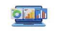 3D Render of Laptop with Data Analysis Charts and Graphs on Screen Royalty Free Stock Photo